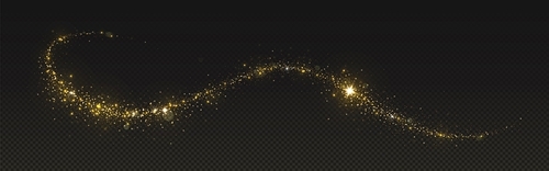 Magic gold dust trail with star shaped sparkles on dark transparent background. Realistic vector illustration of circle and wave path of shine glitter and shimmer particles. Can be used as png.