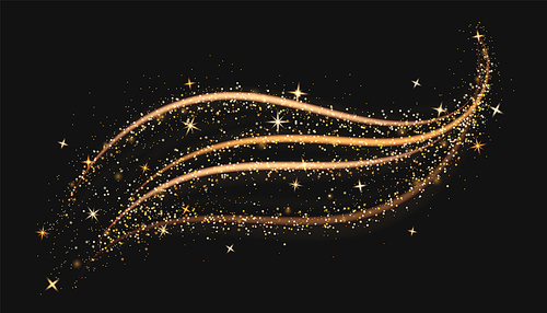 Golden swirl sparkling on black background. Vector realistic illustration of magic power effect, yellow shimmering light trail with shimmering stardust particles, Christmas fairytale miracle vortex