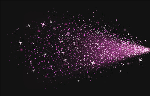 Pink glitter light spray effect. Dust sparkle vector. Magic powder burst. Rose perfume mist texture. Luxury shiny paint explosion with shimmer and twinkle. Bright starlight glow trail at night