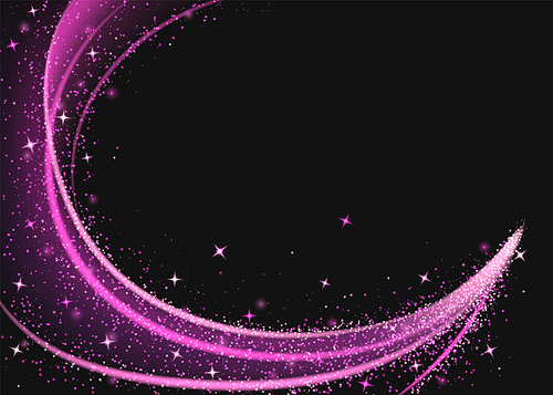 Magic pink light swirl isolated on black background. Vector realistic illustration of sparkling and shimmering neon color vortex, love spell effect, star dust glitter flying in night air, fairy trail