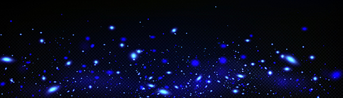 Blue fireflies glowing on dark transparent background. Vector realistic illustration of abstract neon lights sparkling, magic dust particles texture, mysterious stars shimmering in space galaxy