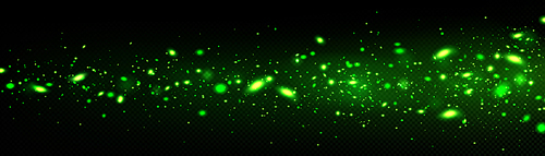 Green fireflies glowing on dark transparent background. Vector realistic illustration of abstract neon lights sparkling, magic dust particles texture, mysterious stars shimmering in space galaxy