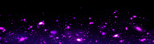 Purple firefly light with fairy dust. Magic glow isolated vector effect. Night bokeh glowworm sparkle texture isolated on dark transparent background. Beautiful flare overlay with glitter particle