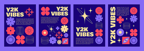 Y2k retro style poster or cover design layout with bright neon pink and purple colored abstract simple elements. Flyer and banner 2000s aesthetic layout with cute geometric sticker and text box.