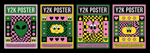 Y2k poster design template with bright abstract simple groovy sticker in bright acid colors. Vector illustration set of cover and banner 2000s aesthetic layout with cute psychedelic elements and text.