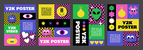 Y2k poster design template with bright abstract simple groovy sticker in bright acid colors. Vector illustration set of cover and banner 2000s aesthetic layout with cute psychedelic elements and text.