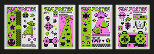 Y2k poster design with retro elements of alien face and ufo, gamepad and smileys, heart and star shapes. Vector set of retro 2000s aesthetic style banner or cover with vintage images and text.