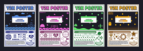 Y2k retro style poster design template with old computer video game and loading dialogue window. Vector set of vintage nostalgia banner layout with 2000s aesthetic gui elements and typography.