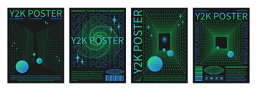 Y2k retro style poster design template with grid abstract perspective surfaces and elements. Vector set of vaporwave aesthetic covers and banners with gradient colored wireframe elements and balls.