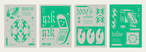 Y2k aesthetic groovy posters set. Vector realistic illustration of retrowave design flyers in green and beige colors, desktop computer, cellphone, CD, abstract icons on creative groovy graphic banner