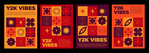 Y2k groovy red and orange posters. Vector realistic illustration of nightclub party flyers, flower, star, eye symbols on yellow background, retrowave vibe banners, creative geometric graphic design