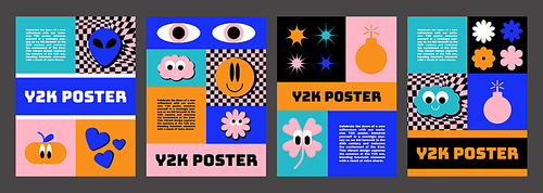 Y2k groovy posters set. Vector realistic illustration of nightclub party flyers, flower, smiley, cloud, clover, alien emoji, bomb, heart symbols on geometric color background, retrowave vibe banners