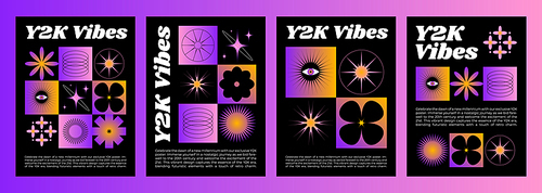 Set of y2k groovy black and purple posters. Vector realistic illustration of nightclub party flyers, flower, star, eye symbols on gradient background, retrowave vibe banners, creative graphic design