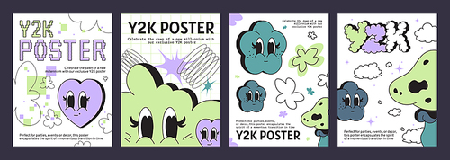 Y2k vibe posters with heart and cloud shape emoji. Vector cartoon illustration of retro futuristic flyers, cute smileys with big eyes, geometric background with doodle signs, retrowave art banners