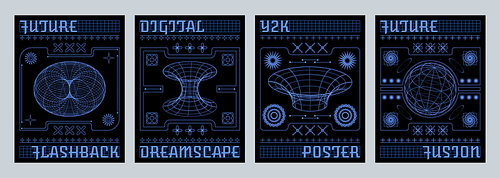 Poster and banner design template set in retro y2k aesthetic style with wireframe tunnel and sphere geometric shape on black background. Vector cyberpunk and techno cover with grid ornament figure.