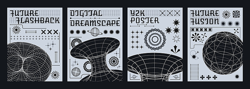 Set of retro futuristic flyers. Vector realistic illustration of y2k vibe posters with wireframe torus and globe shapes, black star, line, flower signs decoration, retrowave aesthetic banners