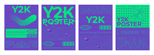 Poster template in y2k style with distort grid pattern and shapes on bright neon background. Vector set of graphic banner layout in retro futuristic cyberpunk aesthetic with wireframe warp geometry.