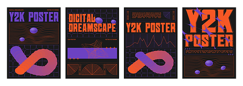 Set of retro futuristic vibe banners. Vector realistic illustration of y2k aesthetic posters with orange and purple color background, text borders, statistics data chart frames, retrowave collage