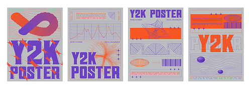 Set of retro futuristic vibe banners. Vector realistic illustration of y2k aesthetic posters with orange and purple color background, text borders, statistics data chart frames, retrowave collage