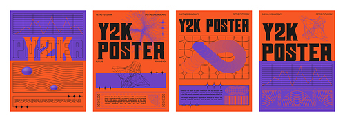 Set of retro futuristic vibe banners. Vector realistic illustration of y2k aesthetic posters with orange and purple color background, text borders, statistics data chart frames, retrowave collage