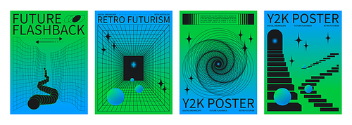 Set of retrowave techno banners. Vector realistic illustration of y2k aesthetic blue and green gradient posters with wireframe portal perspective, star icons, retro futuristic vibe collage flyers