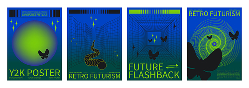 Set of y2k aesthetic techno banners. Vector realistic illustration of retrowave style blue and green gradient posters with butterfly icons, wireframe portal perspective, retro futuristic vibe flyers