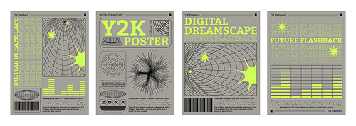 Set of retro futuristic vibe flyers. Vector realistic illustration of y2k aesthetic posters with yellow equalizer, wireframe landscape, color stars, planet, barcode icons, retrowave collage banners