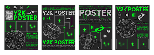 Y2k aesthetic techno banners set. Vector realistic illustration of retrowave style posters with green wireframe torus and planet on black background, text frame collage, retro futuristic vibe flyers