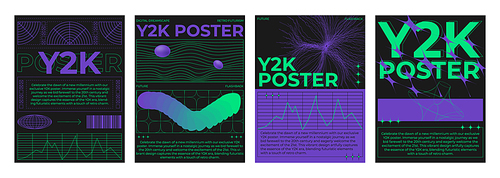 Retro futuristic vibe banners. Vector realistic illustration of y2k aesthetic posters with green and purple color gradient, text and signs on black background, statistics data chart, retrowave collage