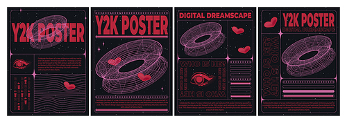 Retro futuristic aesthetic flyers set. Vector realistic illustration of y2k vibe black background posters with pink wireframe torus, red heart, eye icons, retrowave art banners, vintage collage