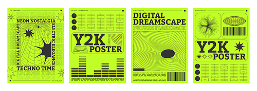 Poster design template in trendy y2k style with grid abstract acid surface on acid neon green background. Vector retro 2000s aesthetic cover banners set with wireframe psychedelic distort pattern.