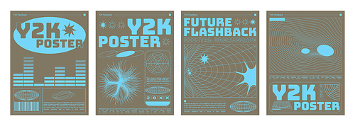 Set of retro futuristic vibe flyers. Vector realistic illustration of y2k aesthetic posters with blue equalizer, wireframe landscape, color stars, planet, barcode icons, retrowave collage banners