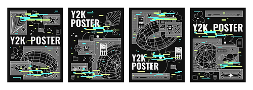 Trendy y2k style poster design template with abstract grid geometric shapes and glitch effect background. Vector set of 00s aesthetic covers with wireframe forms, objects and stickers on black.