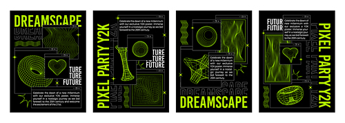 Y2k techno banners set. Vector realistic illustration of retrowave aesthetic posters with neon green wireframe torus, heart, globe on black background, text frame collage, retro futuristic vibe flyers