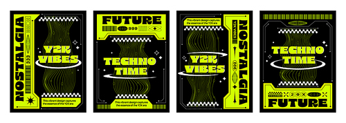 Y2k aesthetic techno banners set. Vector realistic illustration of retrowave posters with vibrant yellow text and lines on black background, announcement text frame, retro futuristic vibe flyers