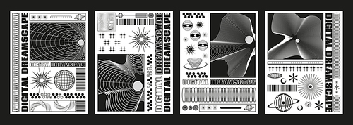 Retro futuristic techno banners set. Vector realistic illustration of retrowave aesthetic black and white posters with wireframe landscape, planet, star, flower icons, y2k vibe announcement flyers