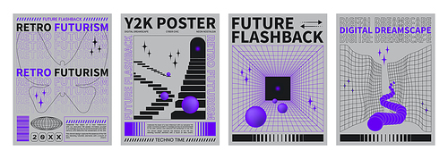 Poster design template in trendy y2k style with grid perspective pattern and objects. Vector set of retro futuristic 2000s streetwear techno banners with abstract wireframe geometric 3d shape.