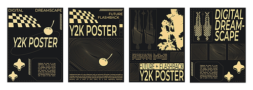 Retrowave aesthetic flyers set. Vector realistic illustration of y2k vibe posters with yellow cherry, human body, star icons on black background, retro futuristic art banners, data frames collage