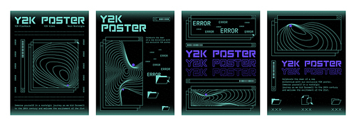 Retro futuristic y2k aesthetic poster design template with acid grid psychedelic geometry pattern and text elements on black background. Vector cyberpunk banner layout set. Tech or cyberpunk cover.