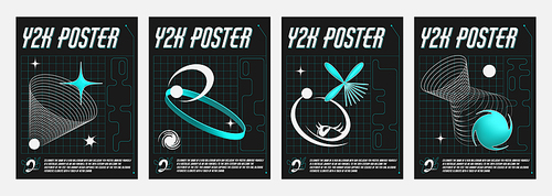 Y2k banners set with geometric signs. Vector realistic illustration of retrowave aesthetic posters, turquoise abstract shapes on black background with wireframe landscape, retro futuristic vibe flyers