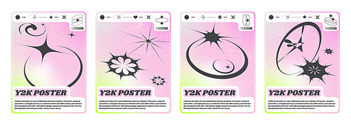 Y2k banners set with abstract black signs. Vector realistic illustration of retrowave aesthetic posters with wireframe torus shape on pink and yellow color gradient background, retro futuristic flyers