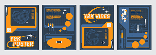 Poster design template in y2k aesthetic style with grid retro shape and object on dark grey background. Vector set of banner composition layout with wireframe vintage 3d figure in 90s and 00s style.