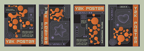 Y2k aesthetic style poster design template with grid abstract shape and pattern on black background. Vector set of banner or cover composition layout with wireframe vintage 3d figure in 2000s style.