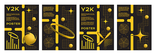 Y2k aesthetic poster design template with grid geometric pattern and simple yellow icon on black background. Vector set of banner or cover template with collage composition of figure in 2000s style.