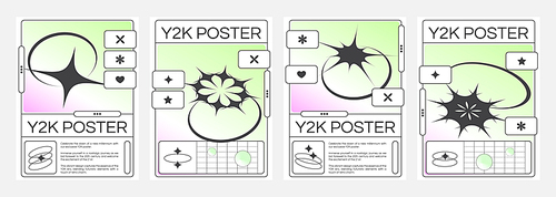 Poster design template in y2k style with star and twinkle simple black elements on pastel soft fluid color gradient background. Set of minimalistic banner layout in 2000s aesthetic with geometry form.