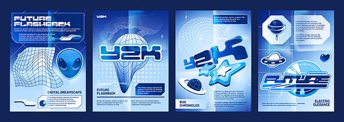 Y2k vibe space banners set. Vector realistic illustration of retrowave posters with wireframe globe, torus, alien face, lollipop, heart, star icons on blue gradient background, retro futuristic flyers