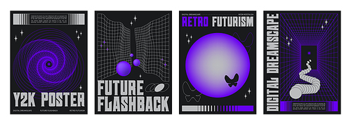 Y2k aesthetic poster template with abstract grid neon purple color perspective tunnel, acid shape ornament, gradient sphere on black background. Banner design layout with geometric wireframe figure.