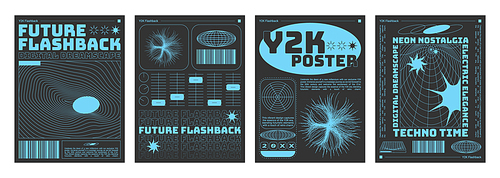 Y2k style poster design template set with grid acid abstract pattern and shape. Retro futuristic graphic banner and cover layout with cyberpunk aesthetic composition. Psychedelic wireframe figure.