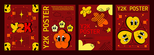 Retro y2k or groovy style poster design template set. Vector banner with cute psychedelic heart and star cartoon characters with happy smiling faces. Cover in vintage aesthetic with flowers and text.