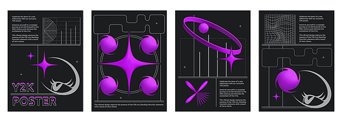 Retro futuristic style banners set with abstract design elements. Vector illustration of retrowave art aesthetic posters, purple signs and text on black background, y2k vibe, nostalgic flyer templates